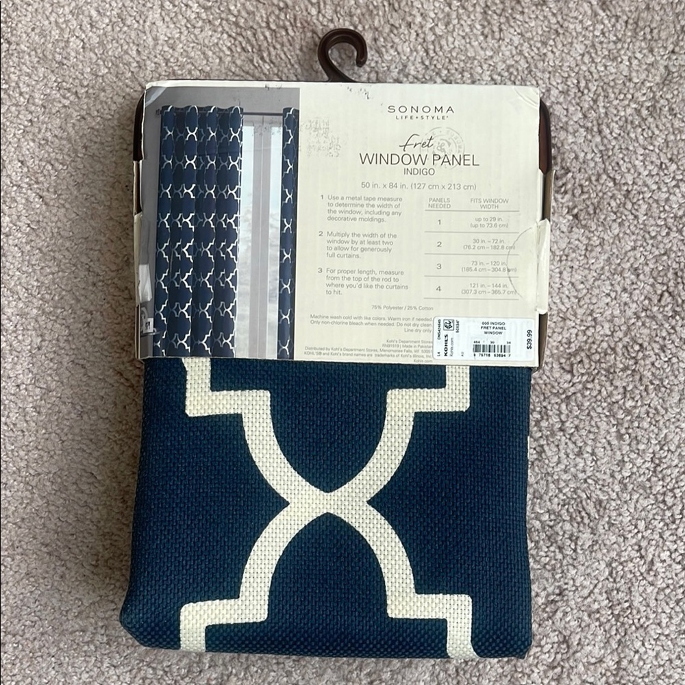 NWT Sonoma Indigo Window Panel with White Pattern - Picture 2 of 4